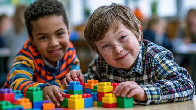 Children collaborating with building blocks in inclusive classroom setting
