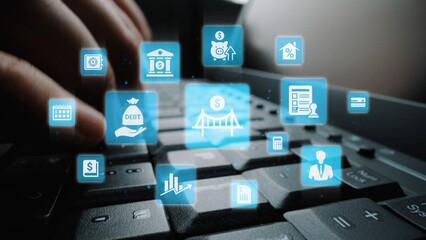 Fototapeta premium Loan icons represent debt, repayment, and financial planning. Loan supports banking, loan connects credit with payment systems, and loan helps manage interest effectively. Funnel