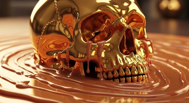 Golden skull sculpture partially submerged in a rippling liquid gold pool.