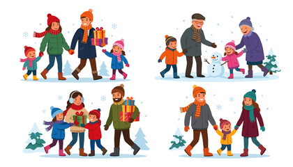 Fototapeta premium Set of happy families with children walking and playing in winter outdoors, carrying christmas gifts and making a snowman, flat vector illustration