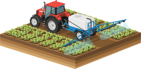  Isometric agricultural tractor spraying crops with boom sprayer for precision farming sustainable field cultivation vector illustration concept © Ara
