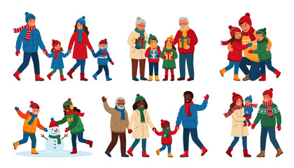 Fototapeta premium Set of happy families celebrating christmas and winter holidays, people in warm winter clothes walking, hugging, giving gifts and building snowman