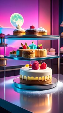 Delicious cakes on a glass shelf.