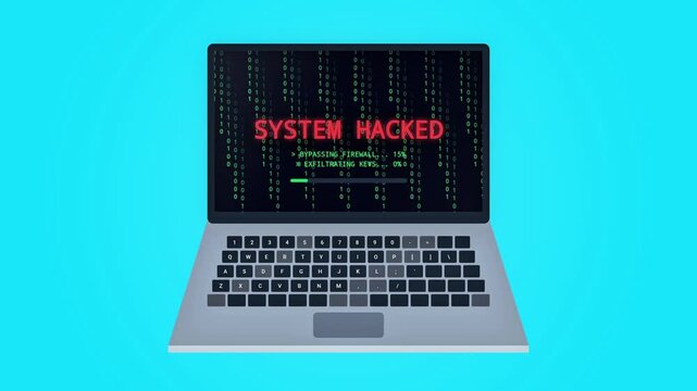 A laptop screen displays a critical breach and ransomware message demanding bitcoin for file decryption