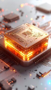 Close-up of glowing microchip on circuit board.