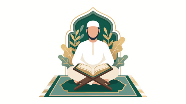 Muslim Man Reading Holy Quran in Mosque for Ramadan Spiritual Reflection and Prayer Illustration
