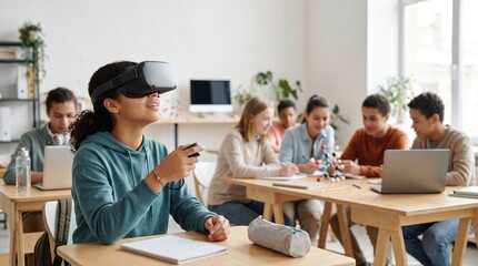 Fototapeta premium Student explores virtual reality in classroom