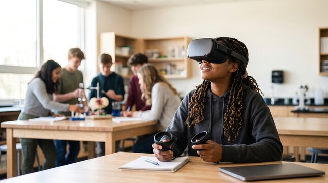 Student exploring virtual reality in classroom