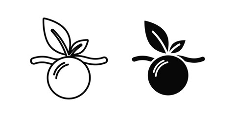 Minimalist fruit icon set featuring stylized orange or berry with leaves in outline and solid black vector style © MD