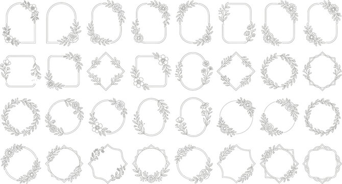 Elegant Botanical Floral Frames and Wreaths Outline Vector Collection