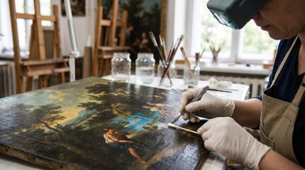Fototapeta premium Art Conservator Meticulously Restores Old Painting