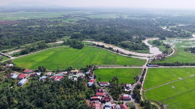 Green rice fields stretch wide and deep. Village homes dot the landscape gently