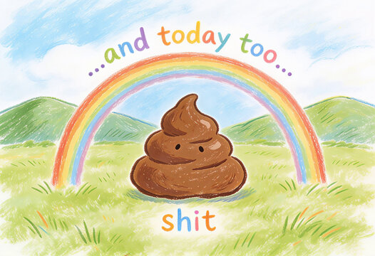 immagine satirica e provocatoria di una cacca disegnata in stile infantile che sorride con la scritta '...e oggi anche...cacca', satirical and provocative image of a poop drawn in a childlike style 