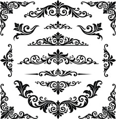 Filigree ornaments vector set, vintage baroque scrollwork headers, calligraphic page dividers, decorative acanthus corner frames, fleur de lis vignettes, black design elements © Graphiccircle