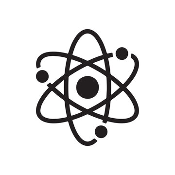 Minimalist black atom icon representing science research and atomic structure symbol with chemistry, research