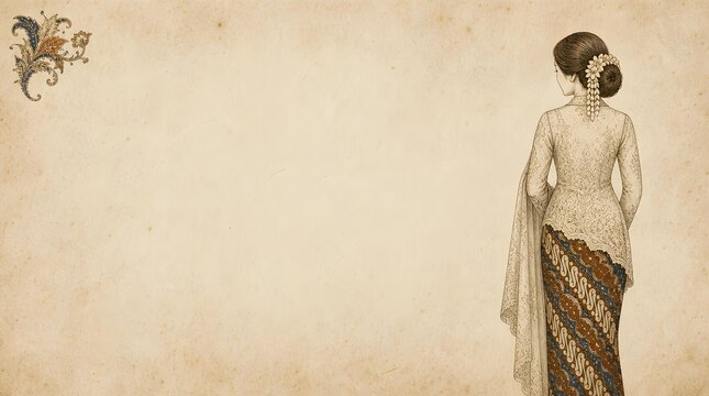 Back View of Javanese Woman Wearing Traditional Kebaya and Parang Batik Skirt for Invitation Template