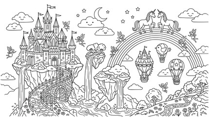 Fototapeta premium Fantasy castle landscape with floating islands and rainbows coloring page.