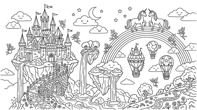 Fantasy castle landscape with floating islands and rainbows coloring page.
