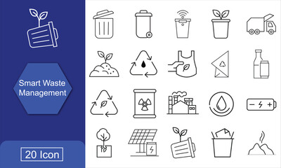 Fototapeta premium Smart waste management icons with recycling symbols and renewable energy concepts in a clean line art style