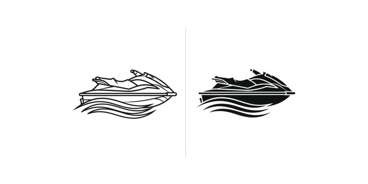 Jet ski icon set in outline and solid black style for water sports and summer vacation design