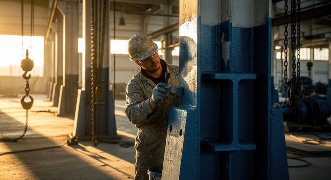 Painter Applying Blue Paint To Industrial Steel Beam At Sunrise