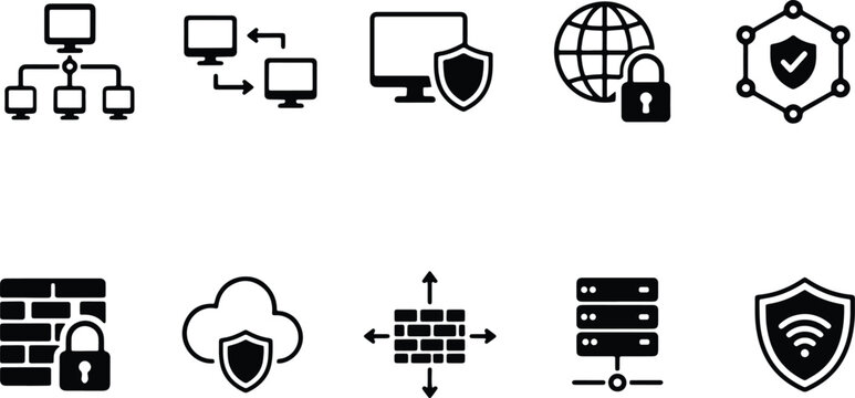 Cyber Security Network & Firewall Icon Set &ndash; Secure Network, Firewall Protection, Server, Cloud and Shield Security