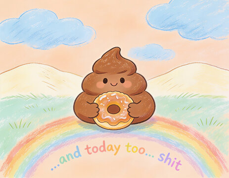 immagine satirica e provocatoria di una cacca disegnata in stile infantile che sorride con la scritta '...e oggi anche...cacca', satirical and provocative image of a poop drawn in a childlike style 