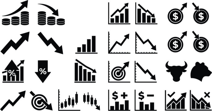 Business growth financial charts and market trend black icon set