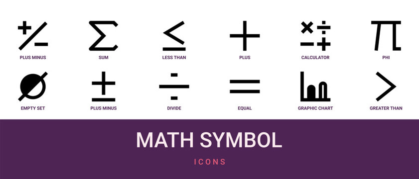 Set of 12 outline web Math Symbol icons such as greater than, graphic chart, equal, divide, plus or minus, empty set, phi vector icons for report, presentation, diagram, web design, mobile app