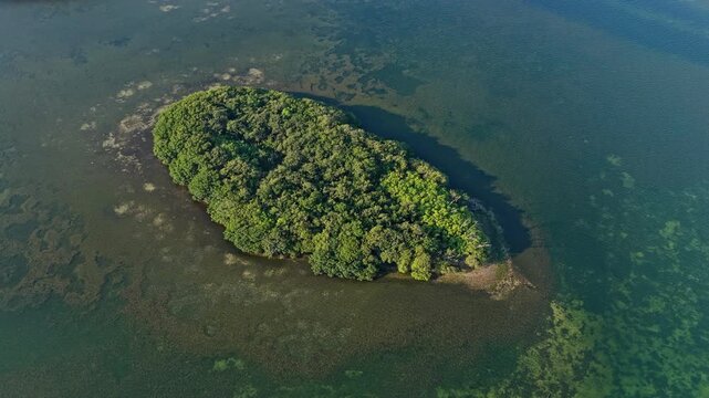 Green island surrounded by sea. Aerial landscape view on island in ocean. Travel and tourism. Traveling and adventure. Summer vacation. Island in sea