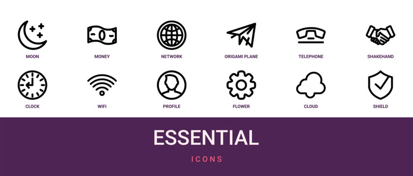 Set of 12 outline web Essential icons such as shield, cloud, flower, profile, wifi, clock, shakehand vector icons for report, presentation, diagram, web design, mobile app