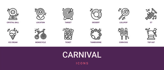 Set of 12 outline web Carnival icons such as top hat, corn dog, tambourine, ticket, monocycle, ice cream, et vector icons for report, presentation, diagram, web design, mobile app © Benjamin