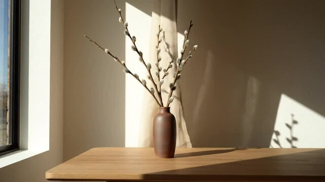 Minimalist composition of a vase with pussy willow branches on a wooden table near a window, shadows on a wall