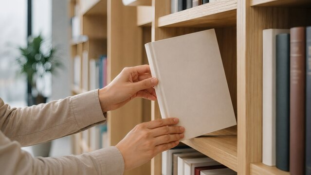 Person returning book to wooden bookshelf in public or academic library with returning bookshelf organizing literature knowledge education