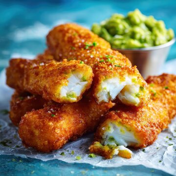 Gourmet golden crispy fried fish fingers stacked on white parchment paper with fresh green pea mash side, flaky white cod interior visible, bright natural lighting on rustic blue background setup