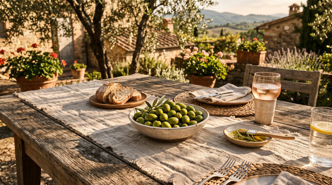 Tuscan Table Setting: A rustic wooden table set with fresh edamame, crusty bread, and a glass of ros&eacute;, evoking the idyllic charm of an outdoor meal in the Tuscan countryside.