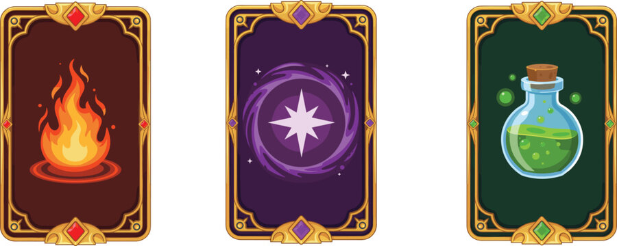 Fantasy magic game cards featuring fire spell, portal and potion vector illustration collection design