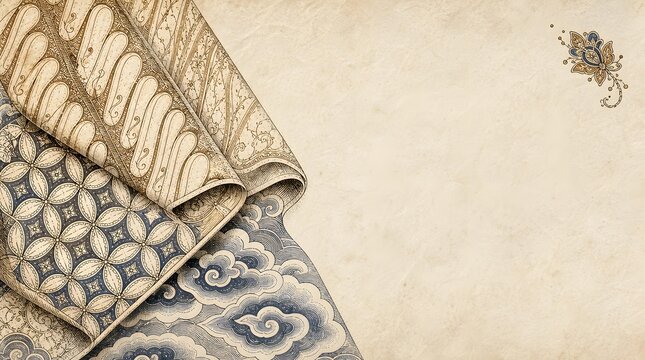 Vintage Rolled Batik Fabrics with Parang Kawung and Mega Mendung Patterns for Fashion Template