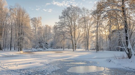 Fototapeta premium Winter landscape scene with snowy trees and lake
