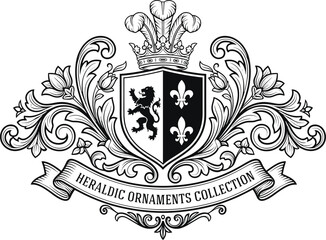 Coat of arms crest, vintage heraldic shield with rampant lion, fleur de lis, royal crown, baroque acanthus foliage, ribbon banner vector logo © Graphiccircle