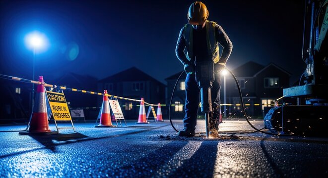Nighttime Road Construction Worker Operating Heavy Jackhammer Equipment