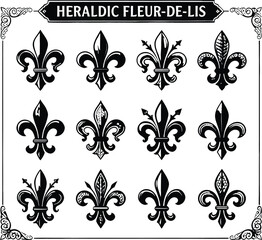 Fleur de lis vector set, heraldic royal lily emblems, french medieval symbols, vintage coat of arms icons, black logo design elements © Graphiccircle