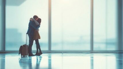 Fototapeta premium Couple embracing tightly in a bright airport arrivals hall after a long separation, luggage beside them, emotional reunion and love concept, hyper