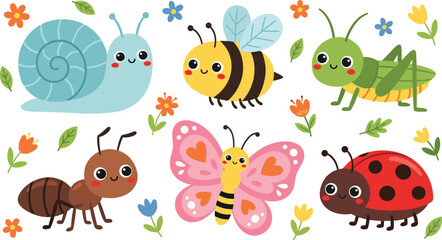 Cute Insect Clipart Collection with Smiling Bee Snail Butterfly Grasshopper Ant and Ladybug Characters for Nursery Graphic Designs © Feroz