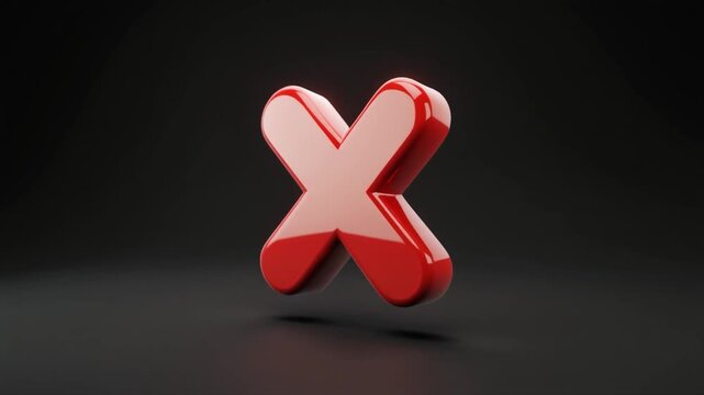 A glossy red 3D rendered cross symbol with a subtle shadow on a dark background mark cancel