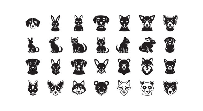 Animal head icons set including dogs cats rabbits foxes and bears in stylized black and white graphic vector illustration.