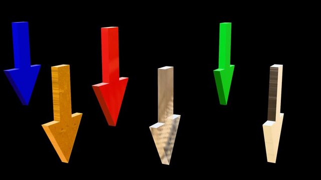 Downward trend and data flow concept, colorful 3d arrows pointing down on a transparent alpha channel background, 4k loop animation