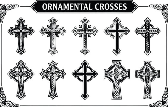 Christian crosses vector set, ornamental celtic crucifix icons, vintage gothic knotwork crosses, religious symbols, black line art collection