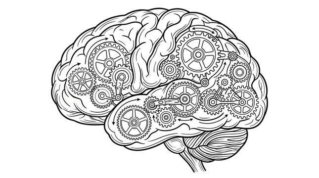 Mechanical human brain illustration with gears and cogs, anatomical mind concept for artificial intelligence, black and white line art of mental process