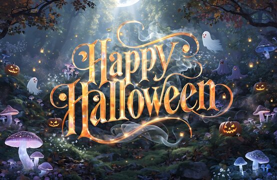 Golden Happy Halloween Typography in Spooky Enchanted Forest with Jack o Lanterns and Ghosts
